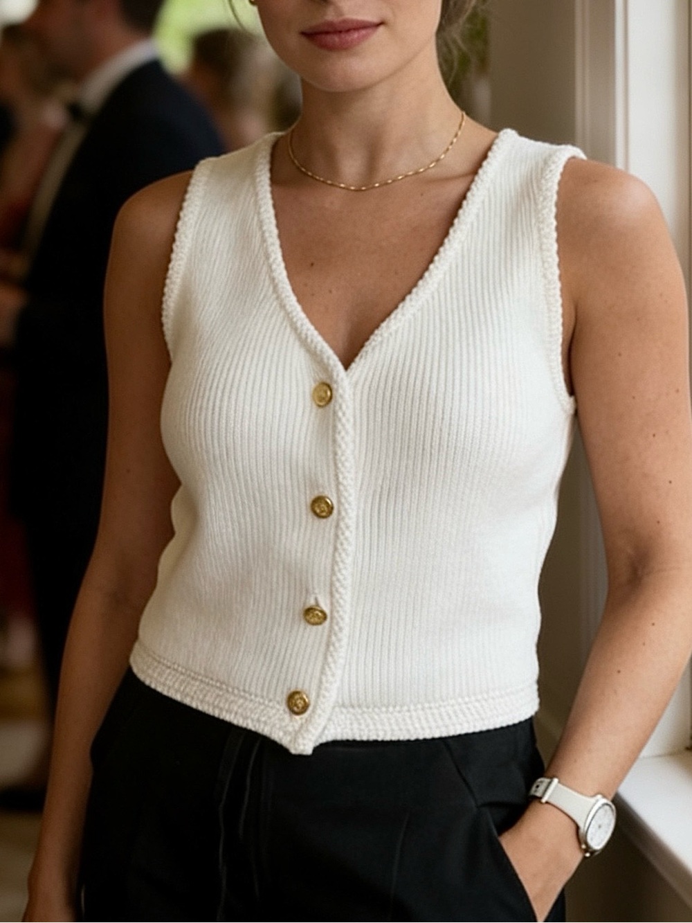 Abercrombie & Fitch Cream White Ribbed Button-Front Knit Tank Cotton Minimalist